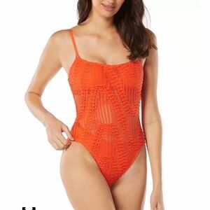 Carmen Marc Valvo Orange Crochet One Piece